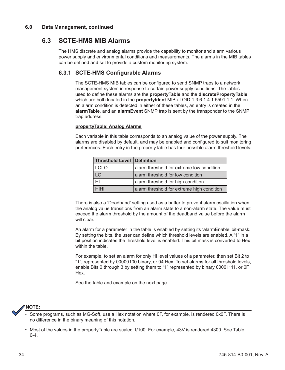 3 scte-hms mib alarms, 1 scte-hms configurable alarms, Section 6.3 | Rap on normal’, see, Alarms, Section 6.3.1 | Alpha Technologies AlphaNet DSM Series DOCSIS User Manual | Page 34 / 63