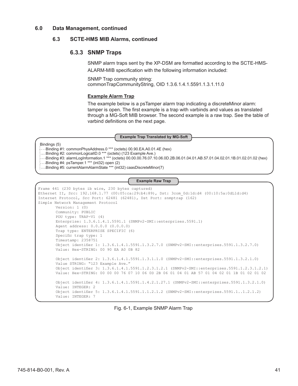 2 snmp traps, Fig. 6-1, example snmp alarm trap, 3 snmp traps | Raps, Section 6.3.3 | Alpha Technologies AlphaNet DSM Series DOCSIS User Manual | Page 41 / 63