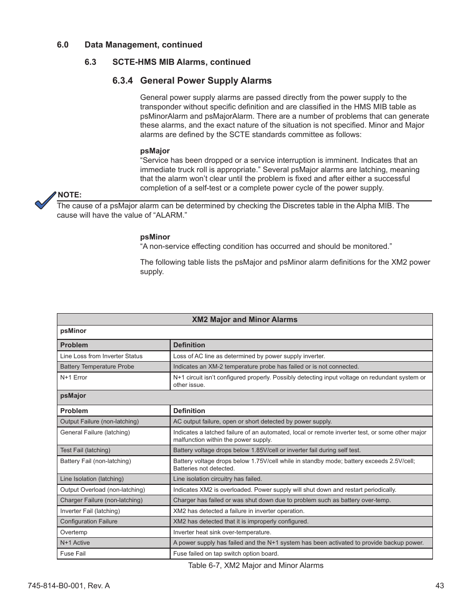 2 general power supply alarms, 4 general power supply alarms, Table 6-7, xm2 major and minor alarms | Alarms, Section 6.3.4 | Alpha Technologies AlphaNet DSM Series DOCSIS User Manual | Page 43 / 63