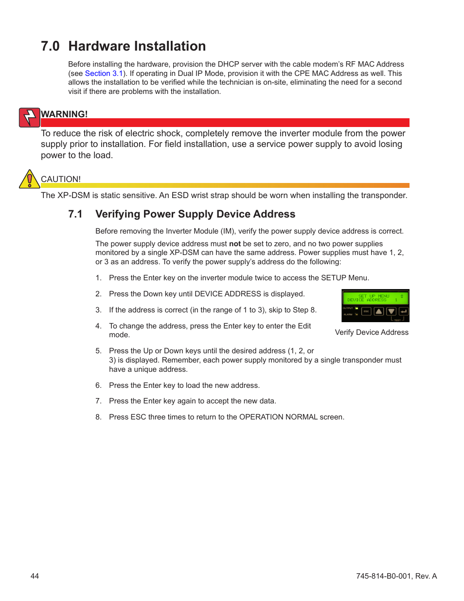 0 hardware installation, 1 verifying power supply device address, Hardware installation 7.1 | Verifying power supply device address, Section 7.0, Installing the battery sense wire harnesses | Alpha Technologies AlphaNet DSM Series DOCSIS User Manual | Page 44 / 63