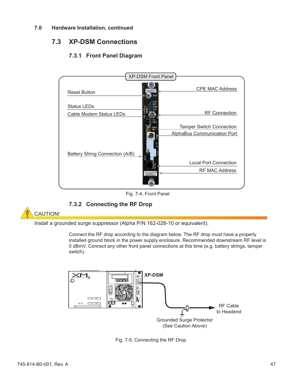 3 xp-dsm connections, 1 front panel diagram, 2 connecting the rf drop | Fig. 7-4, front panel, Fig. 7-5, connecting the rf drop, Xp-dsm connections 7.3.1 front panel diagram, 0 hardware installation, continued, Xp-dsm fig. 7-5, connecting the rf drop | Alpha Technologies AlphaNet DSM Series DOCSIS User Manual | Page 47 / 63