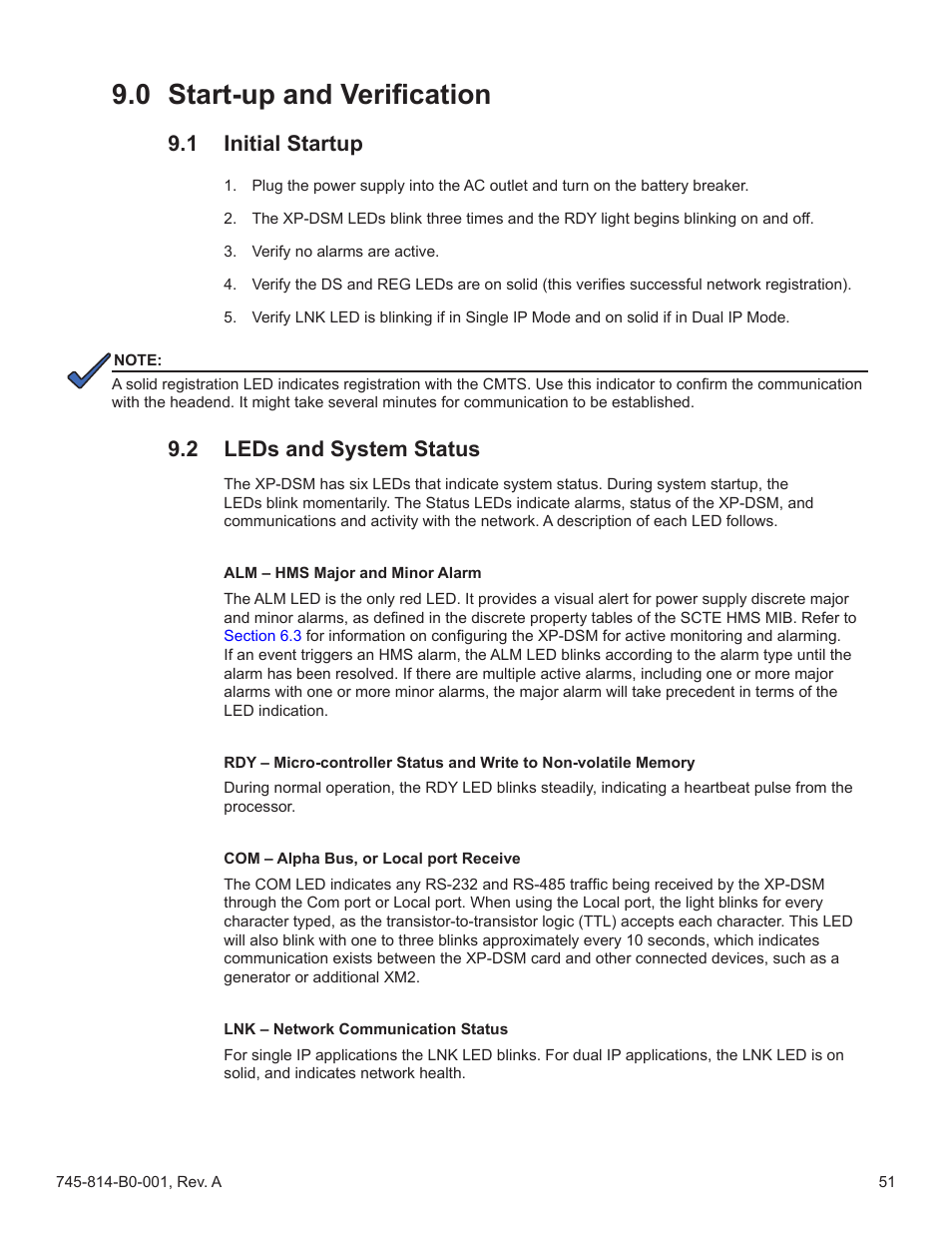 0 start-up and verification, 1 initial startup, 2 leds and system status | Start-up and verification 9.1, Initial startup, Leds and system status, And verifying operation, Section 9.0 | Alpha Technologies AlphaNet DSM Series DOCSIS User Manual | Page 51 / 63