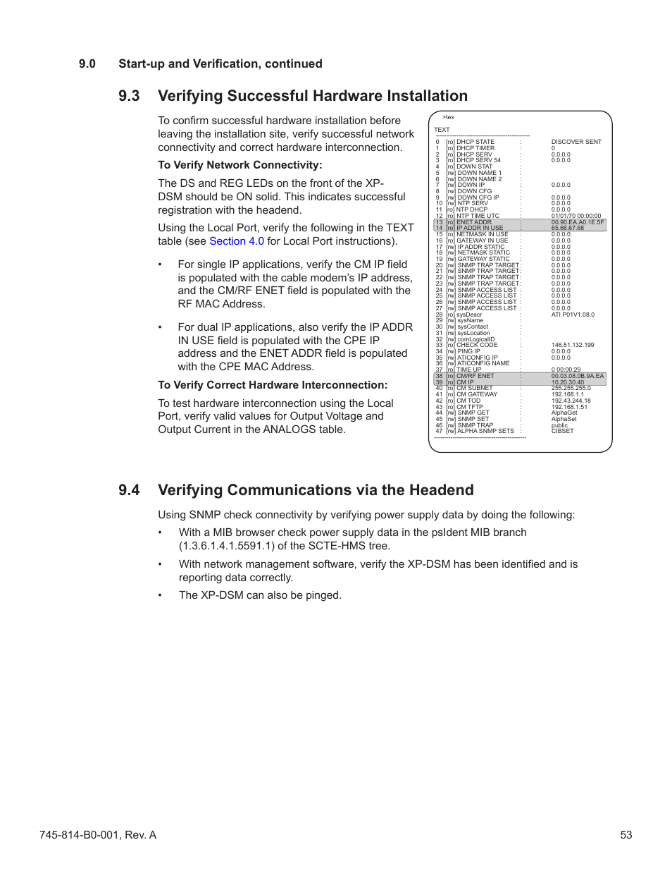 3 verifying successful hardware installation, 4 verifying communications via the headend, Verifying successful hardware installation | Verifying communications via the headend, Section, 0 start-up and verification, continued | Alpha Technologies AlphaNet DSM Series DOCSIS User Manual | Page 53 / 63