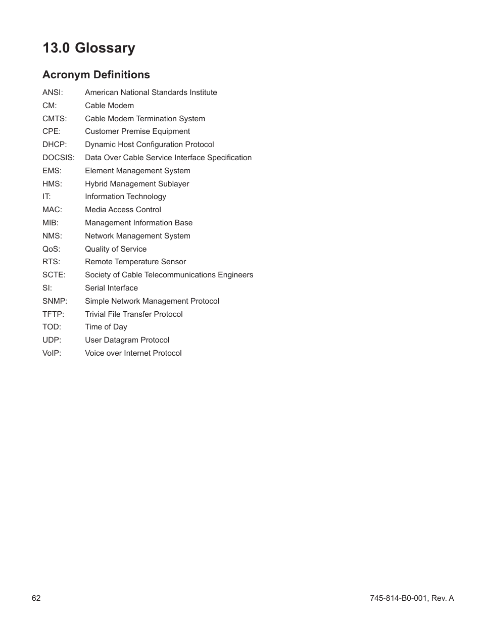 0 glossary, Acronym definitions | Alpha Technologies AlphaNet DSM Series DOCSIS User Manual | Page 62 / 63