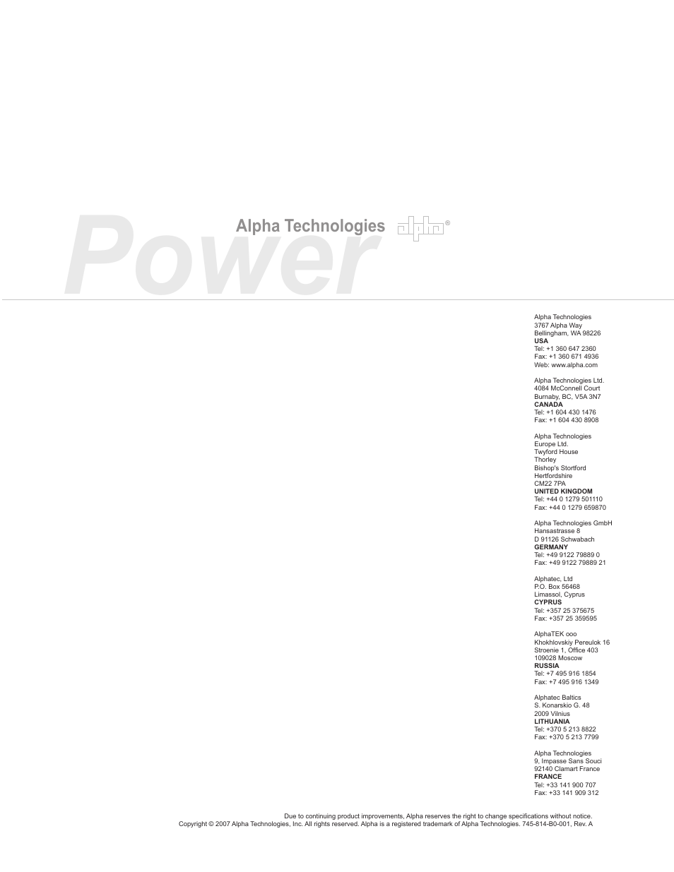 Power, Alpha technologies | Alpha Technologies AlphaNet DSM Series DOCSIS User Manual | Page 63 / 63