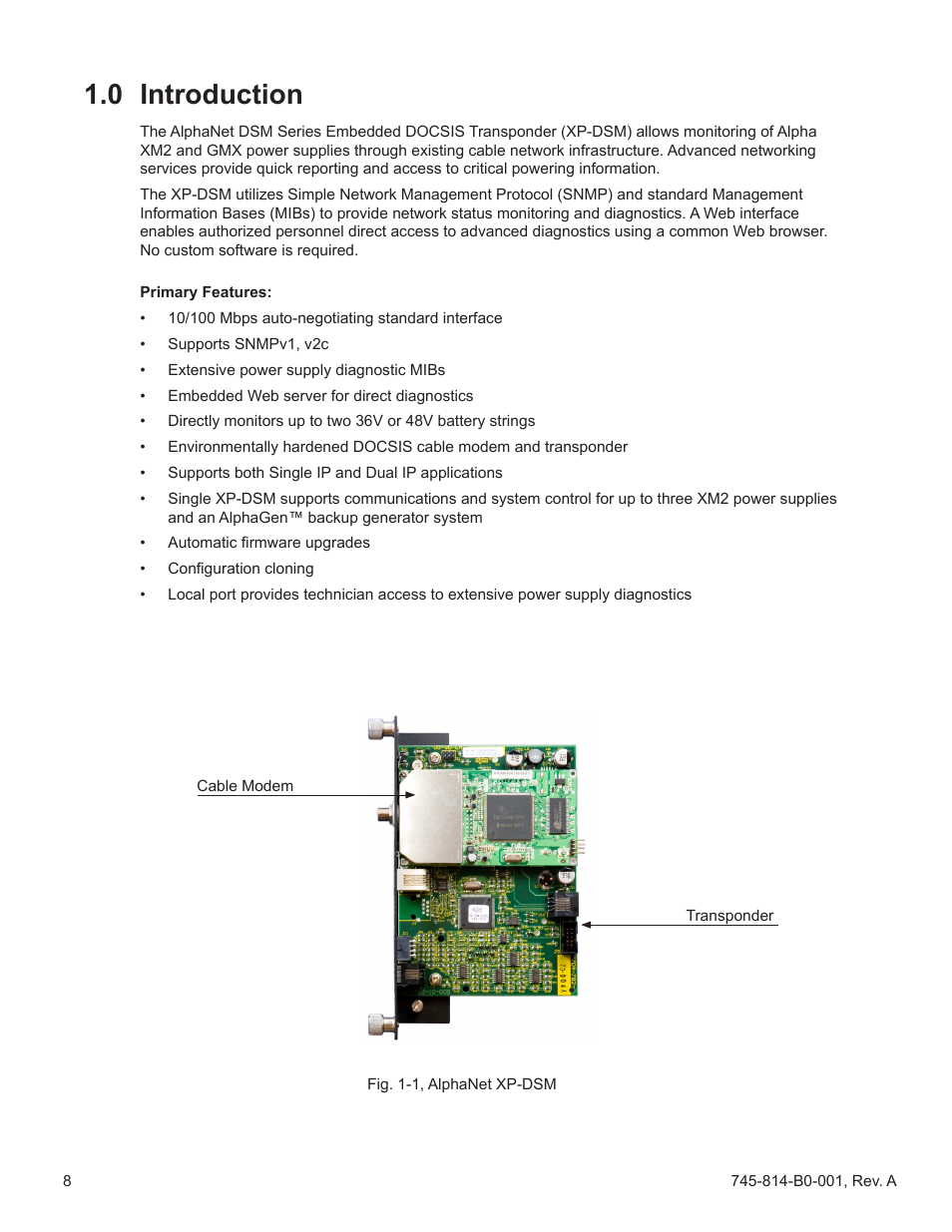 0 introduction, Fig. 1-1, alphanet xp-dsm, Introduction | Alpha Technologies AlphaNet DSM Series DOCSIS User Manual | Page 8 / 63