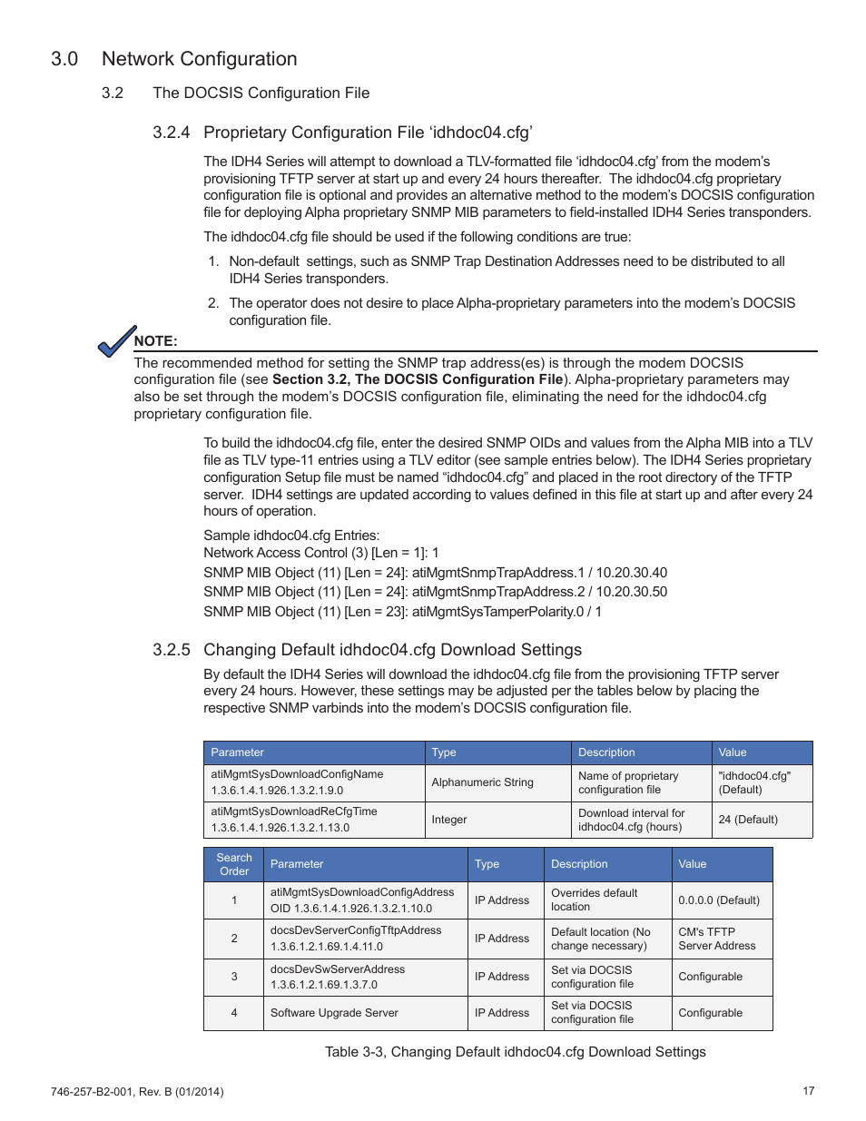 0 network configuration, 4 proprietary configuration file ‘idhdoc04.cfg, 5 changing default idhdoc04.cfg download settings | 2 the docsis configuration file | Alpha Technologies AlphaNet IDH4 for XM2 and XM2-300HP Series - Technical Manual User Manual | Page 17 / 87