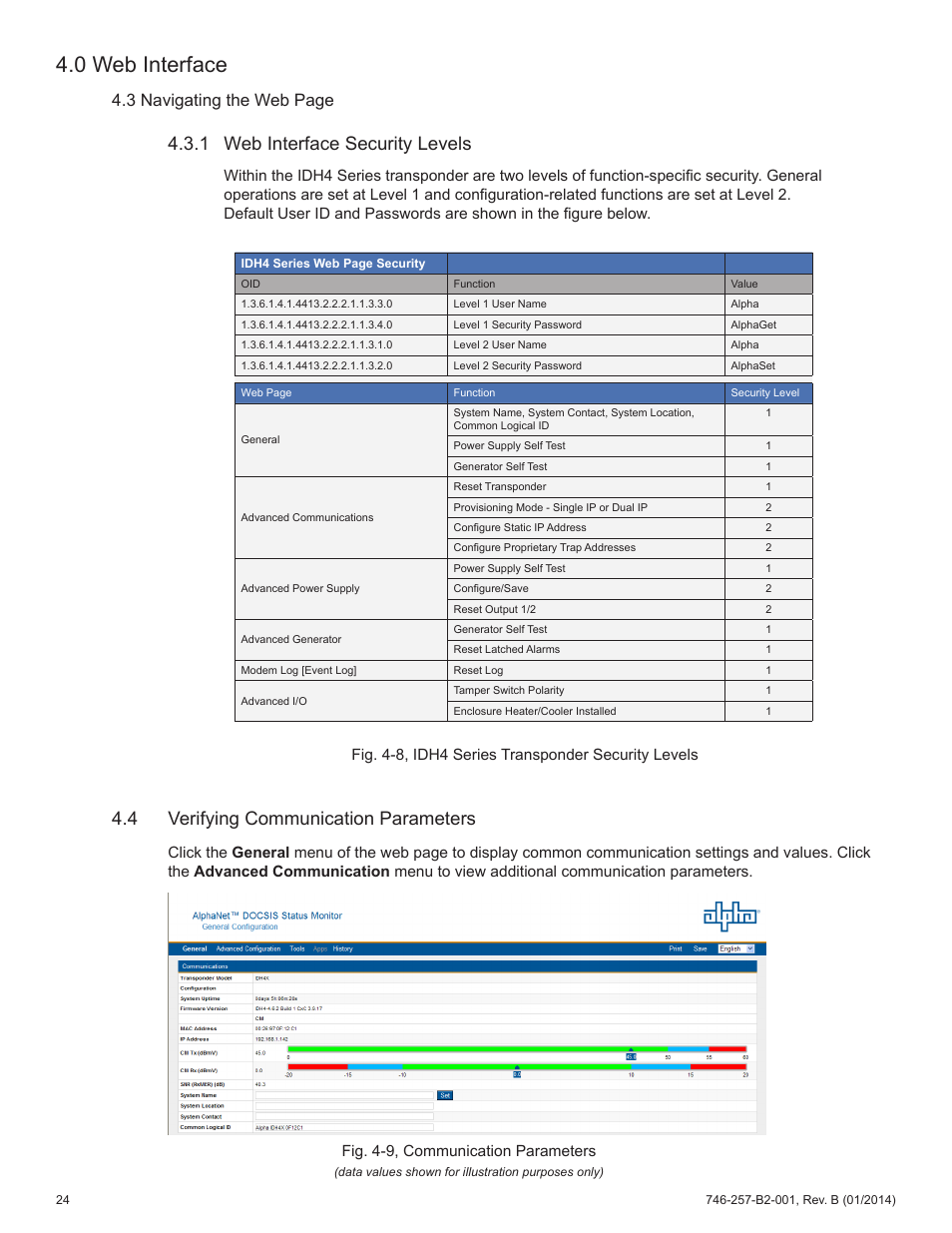 0 web interface, 1 web interface security levels, 4 verifying communication parameters | 3 navigating the web page | Alpha Technologies AlphaNet IDH4 for XM2 and XM2-300HP Series - Technical Manual User Manual | Page 24 / 87