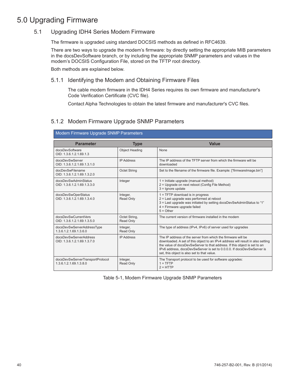 0 upgrading firmware, 1 upgrading idh4 series modem firmware, 2 modem firmware upgrade snmp parameters | Table 5-1, modem firmware upgrade snmp parameters | Alpha Technologies AlphaNet IDH4 for XM2 and XM2-300HP Series - Technical Manual User Manual | Page 40 / 87