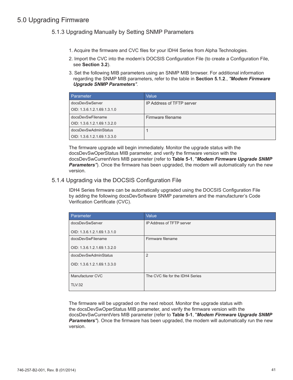 0 upgrading firmware, 3 upgrading manually by setting snmp parameters, 4 upgrading via the docsis configuration file | Alpha Technologies AlphaNet IDH4 for XM2 and XM2-300HP Series - Technical Manual User Manual | Page 41 / 87