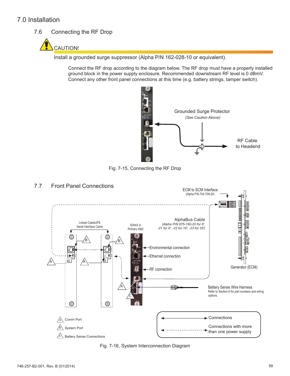0 installation, 7 front panel connections, 6 connecting the rf drop | Fig. 7-16, system interconnection diagram, Rf cable to headend grounded surge protector, Fig. 7-15, connecting the rf drop | Alpha Technologies AlphaNet IDH4 for XM2 and XM2-300HP Series - Technical Manual User Manual | Page 59 / 87