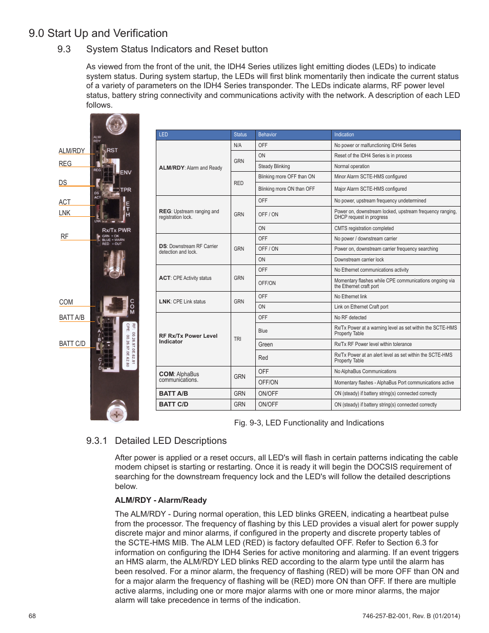 0 start up and verification, 3 system status indicators and reset button, 1 detailed led descriptions | Alpha Technologies AlphaNet IDH4 for XM2 and XM2-300HP Series - Technical Manual User Manual | Page 68 / 87