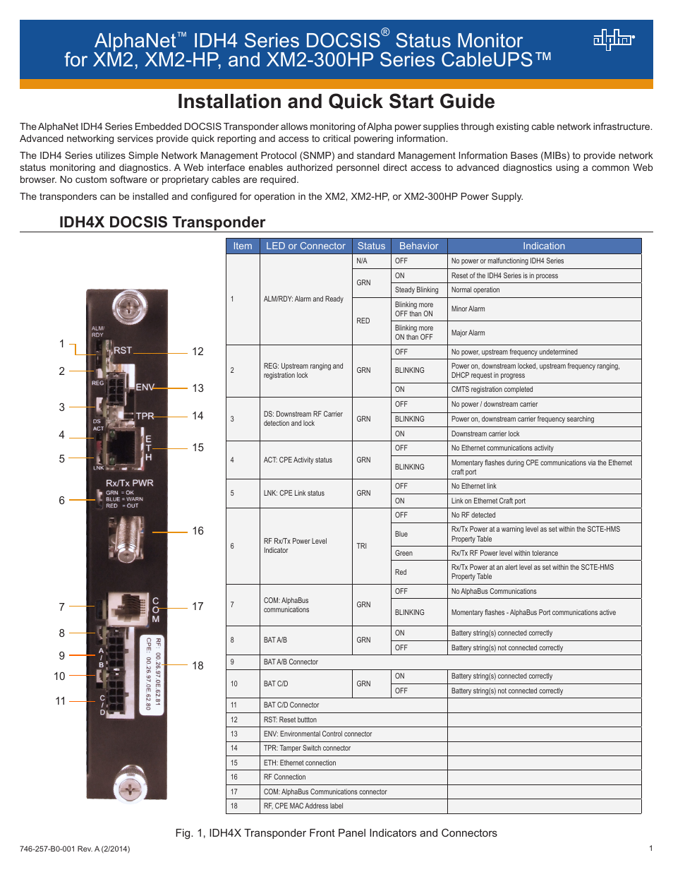 Alpha Technologies AlphaNet IDH4 for XM2, XM2-HP, and XM2-300HP Series - Quick Start Guide User Manual | 8 pages