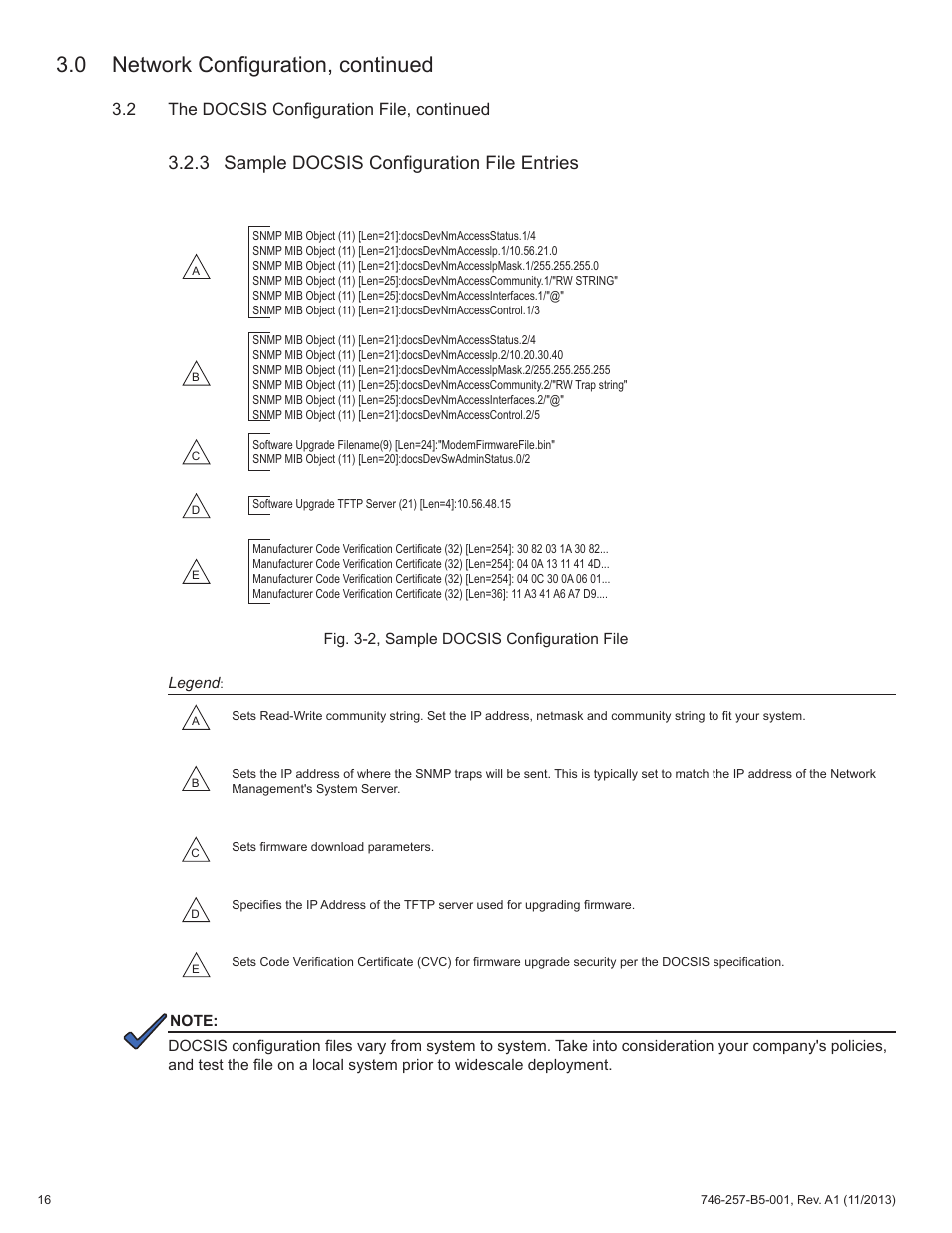 0 network configuration, continued, 3 sample docsis configuration file entries, 2 the docsis configuration file, continued | Alpha Technologies AlphaNet IDH4 for XM3-HP Series - Technical Manual User Manual | Page 16 / 94
