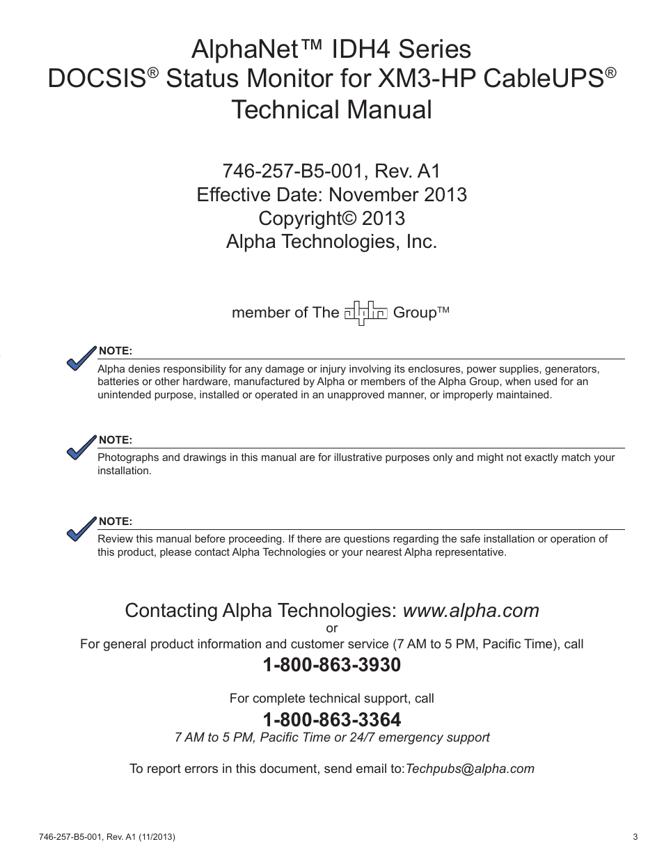 Alphanet™ idh4 series docsis, Status monitor for xm3-hp cableups, Technical manual | Alpha Technologies AlphaNet IDH4 for XM3-HP Series - Technical Manual User Manual | Page 3 / 94