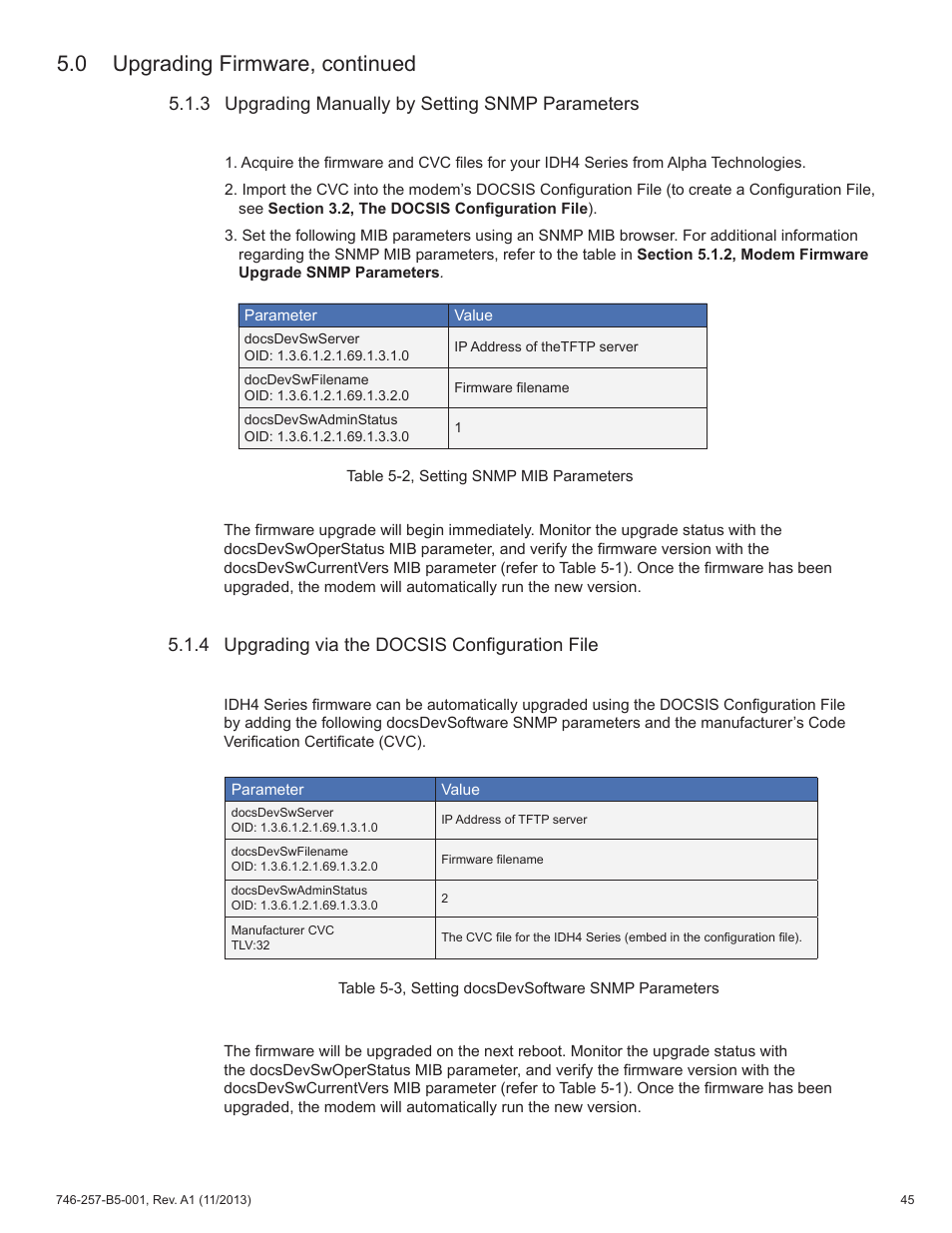 0 upgrading firmware, continued, 3 upgrading manually by setting snmp parameters, 4 upgrading via the docsis configuration file | Alpha Technologies AlphaNet IDH4 for XM3-HP Series - Technical Manual User Manual | Page 45 / 94