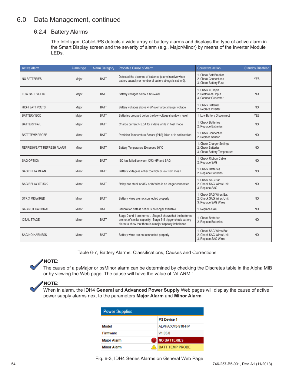 0 data management, continued, 4 battery alarms | Alpha Technologies AlphaNet IDH4 for XM3-HP Series - Technical Manual User Manual | Page 54 / 94
