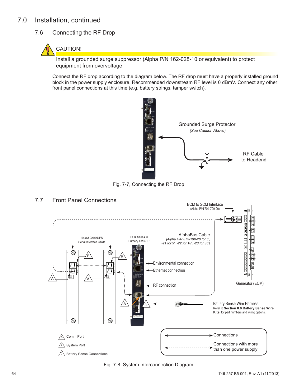 0 installation, continued, 7 front panel connections, 6 connecting the rf drop | Fig. 7-8, system interconnection diagram, Rf cable to headend grounded surge protector, Fig. 7-7, connecting the rf drop | Alpha Technologies AlphaNet IDH4 for XM3-HP Series - Technical Manual User Manual | Page 64 / 94