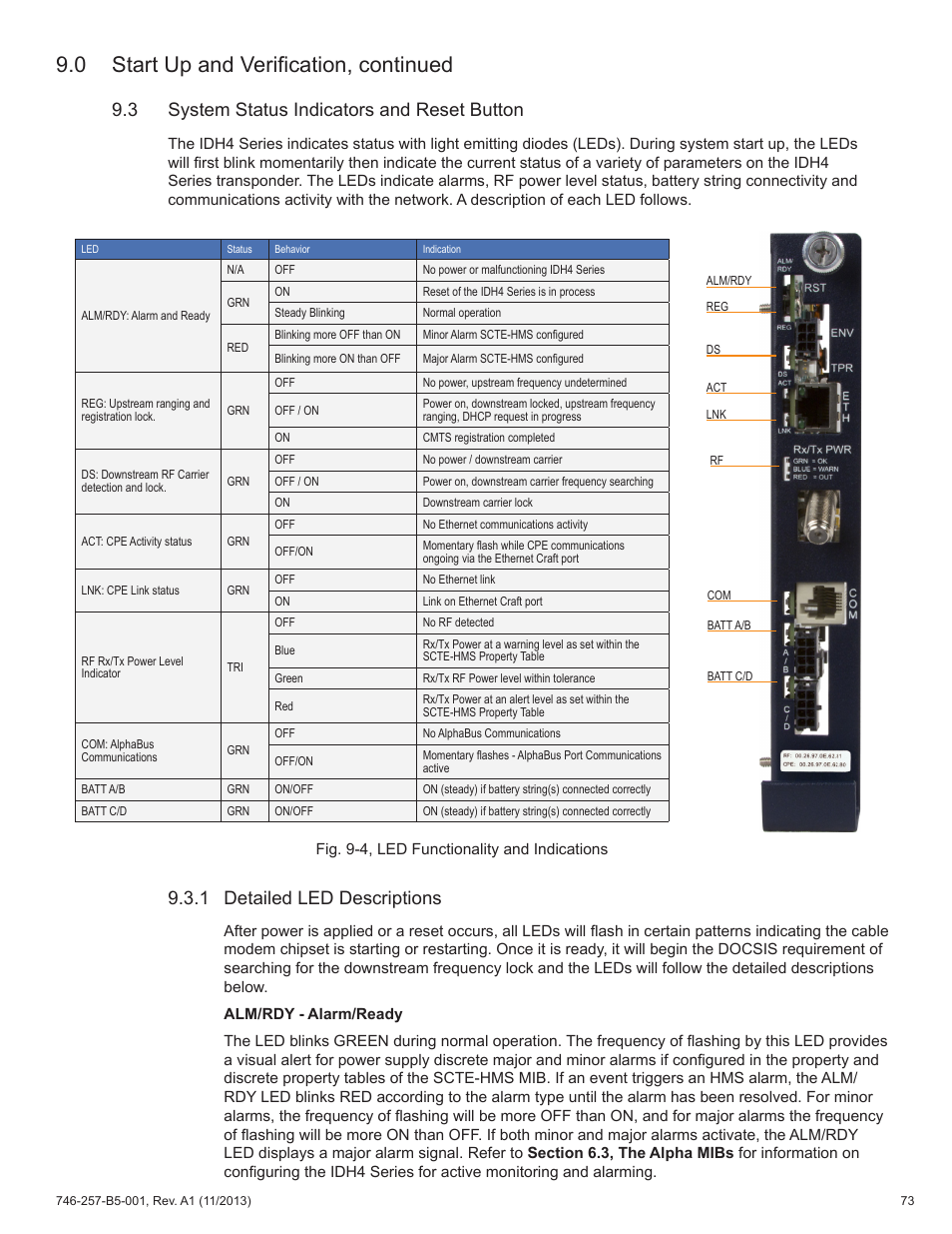 0 start up and verification, continued, 3 system status indicators and reset button, 1 detailed led descriptions | Alpha Technologies AlphaNet IDH4 for XM3-HP Series - Technical Manual User Manual | Page 73 / 94