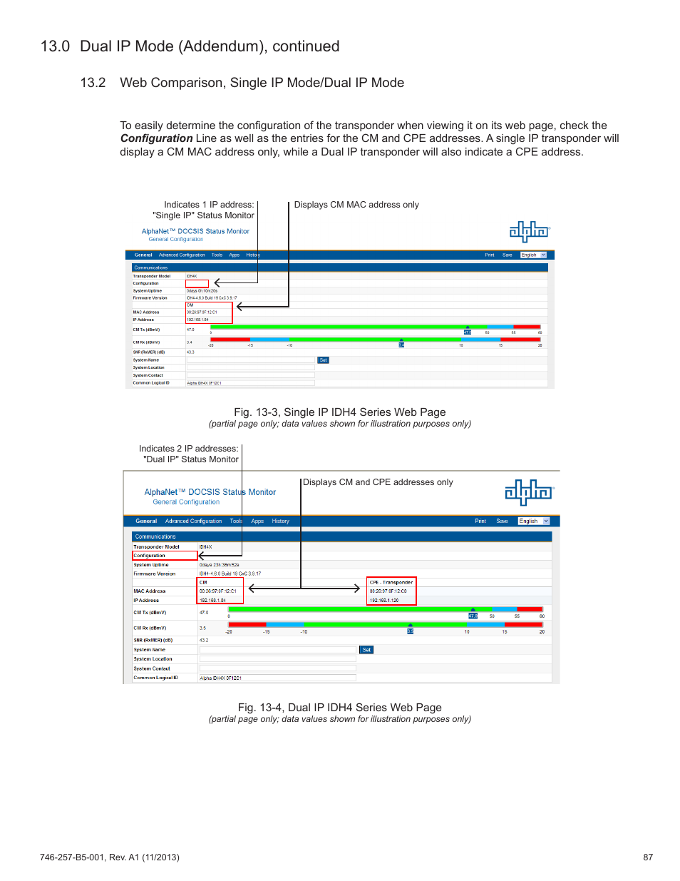 0 dual ip mode (addendum), continued, 2 web comparison, single ip mode/dual ip mode | Alpha Technologies AlphaNet IDH4 for XM3-HP Series - Technical Manual User Manual | Page 87 / 94