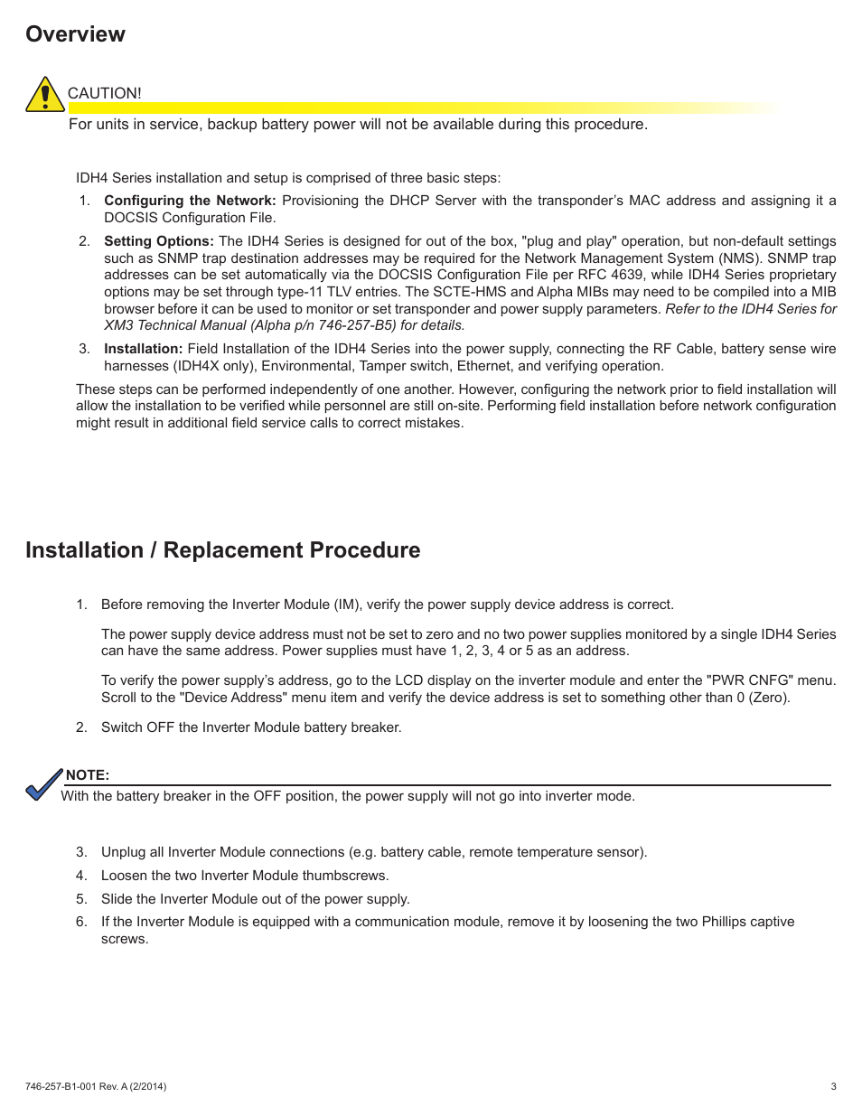 Overview, Installation / replacement procedure | Alpha Technologies AlphaNet IDH4 for XM3-HP Series - Quick Start Guide User Manual | Page 3 / 6