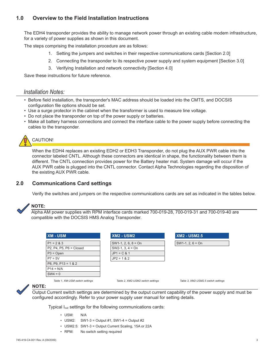 0 overview to the field installation instructions, 0 communications card settings | Alpha Technologies XP-EDH4 - Installation User Manual | Page 3 / 12
