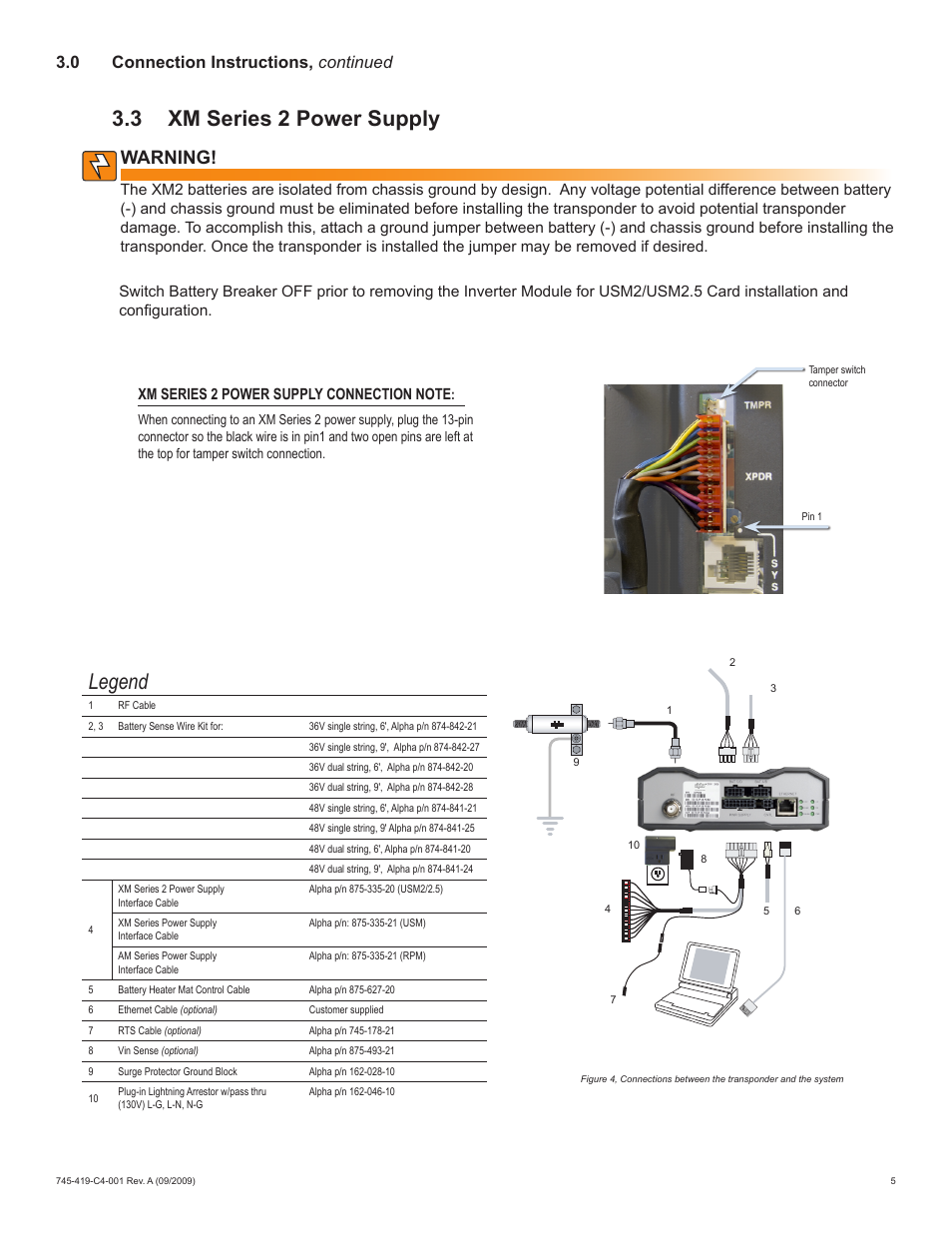 3 xm series 2 power supply, Legend, Warning | 0 connection instructions, continued | Alpha Technologies XP-EDH4 - Installation User Manual | Page 5 / 12