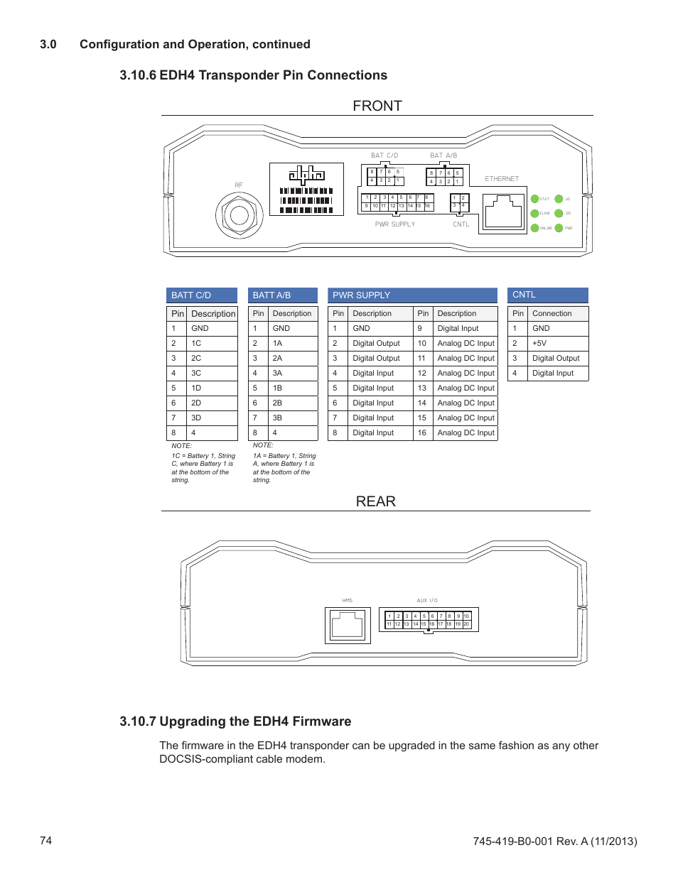 Rear front, 6 edh4 transponder pin connections, 7 upgrading the edh4 firmware | 0 configuration and operation, continued | Alpha Technologies XP-EDH4 - Technical Manual User Manual | Page 74 / 81