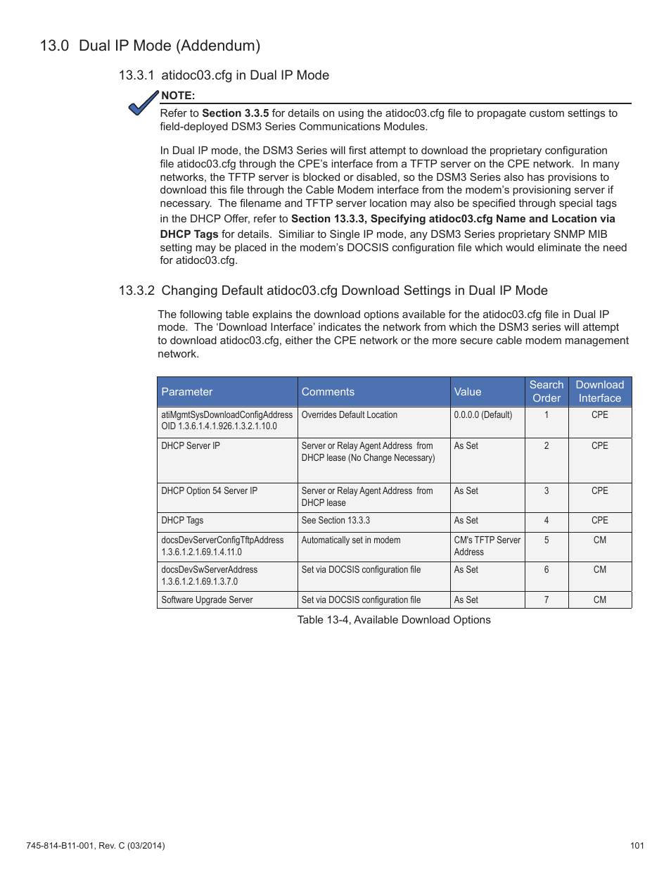 Table 13-4, available download options, 1 atidoc03.cfg in dual ip mode, 0 dual ip mode (addendum) | Alpha Technologies DSM3 for XM3 - Technical Manual User Manual | Page 101 / 106