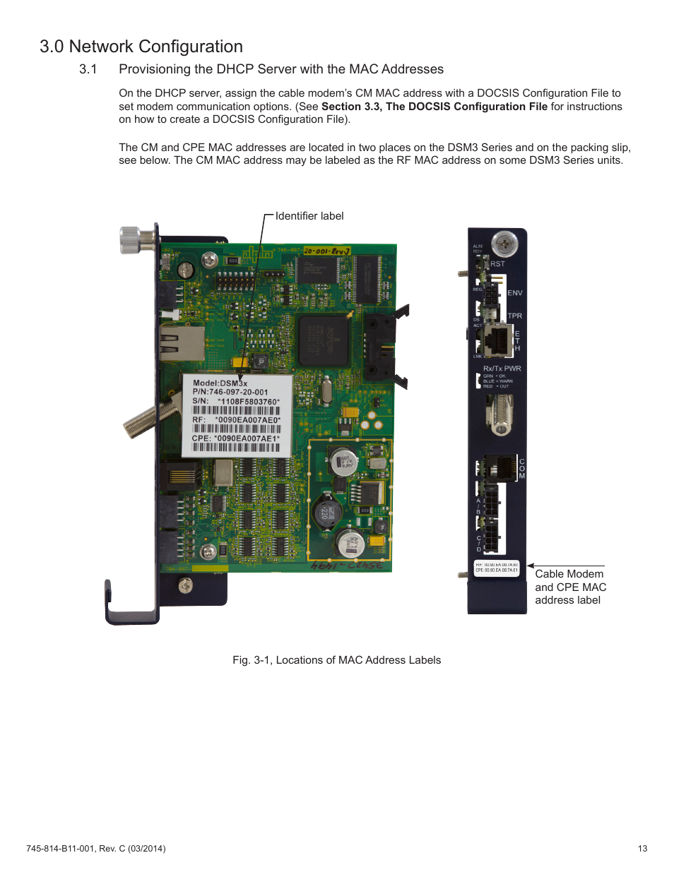 0 network configuration, Fig. 3-1, locations of mac address labels | Alpha Technologies DSM3 for XM3 - Technical Manual User Manual | Page 13 / 106