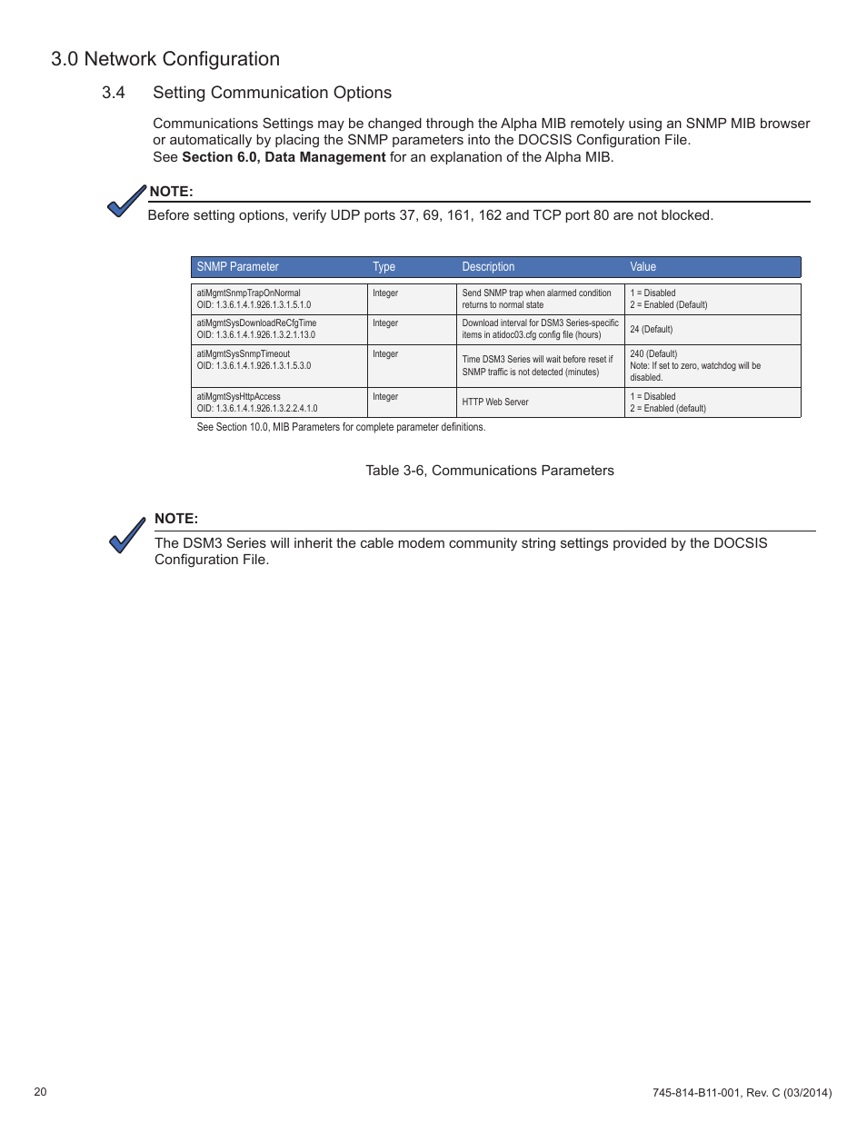 Table 3-6, communications parameters, 4 setting communication options, 0 network configuration | Alpha Technologies DSM3 for XM3 - Technical Manual User Manual | Page 20 / 106