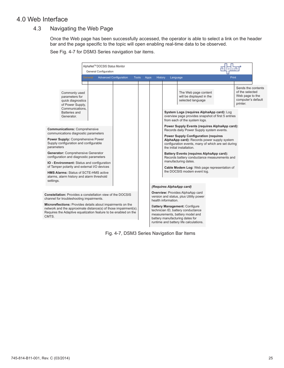 Fig. 4-7, dsm3 series navigation bar items, 0 web interface, 3 navigating the web page | Alpha Technologies DSM3 for XM3 - Technical Manual User Manual | Page 25 / 106