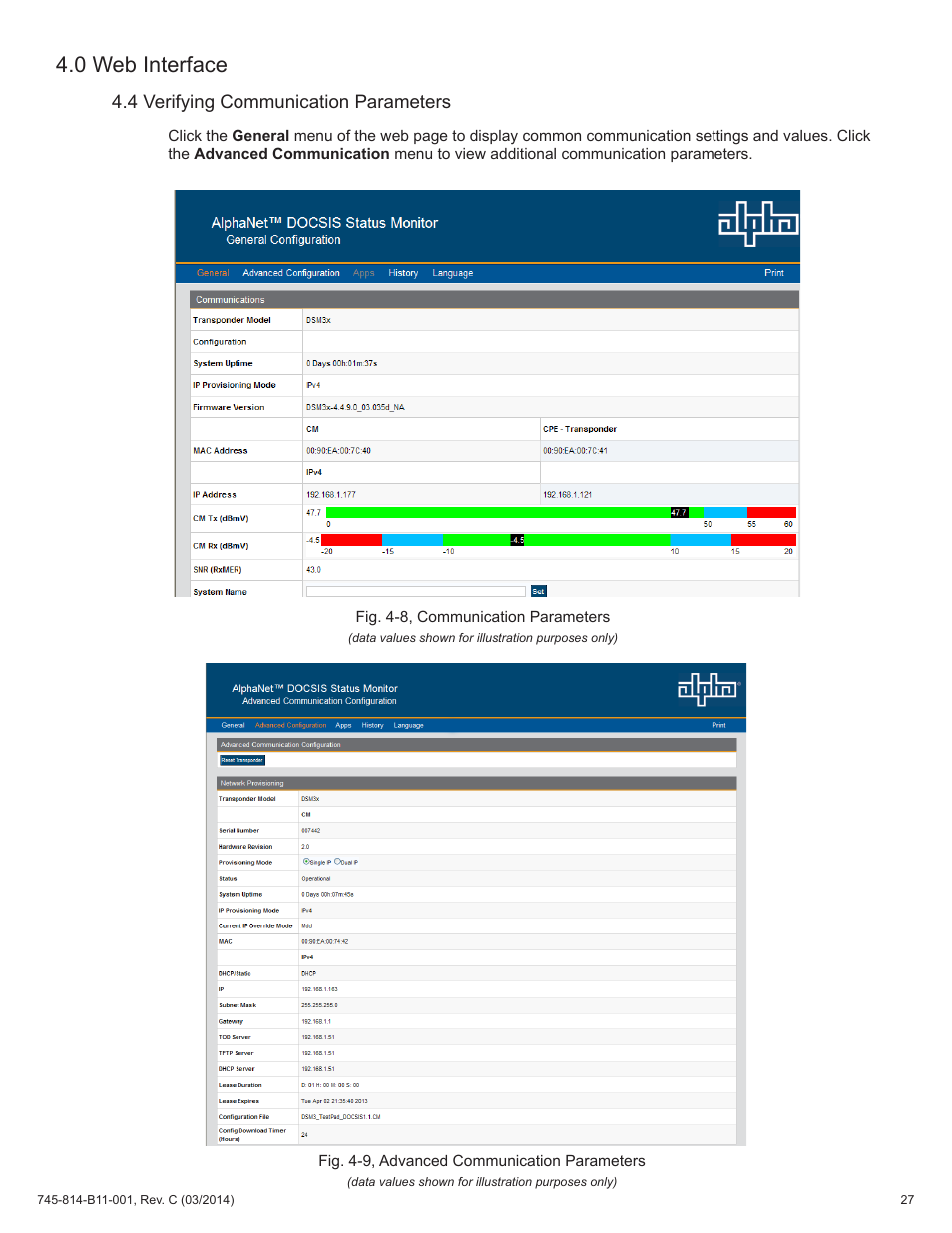 4 verifying communication parameters, Fig. 4-8, communication parameters, Fig. 4-9, advanced communication parameters | 0 web interface | Alpha Technologies DSM3 for XM3 - Technical Manual User Manual | Page 27 / 106