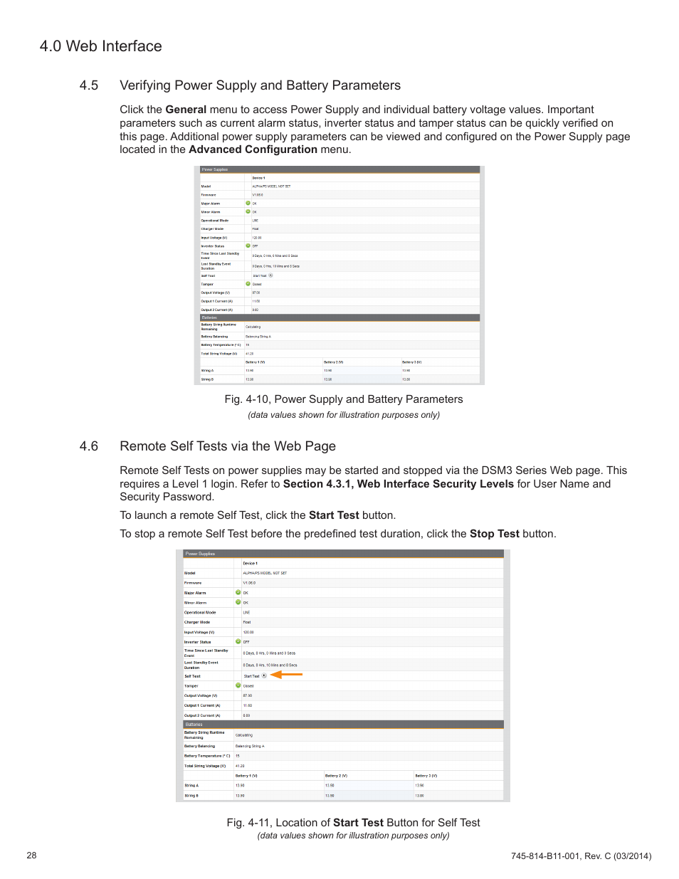 5 verifying power supply and battery parameters, Fig. 4-10, power supply and battery parameters, Fig. 4-11, location of | Start test button for self test, 0 web interface | Alpha Technologies DSM3 for XM3 - Technical Manual User Manual | Page 28 / 106