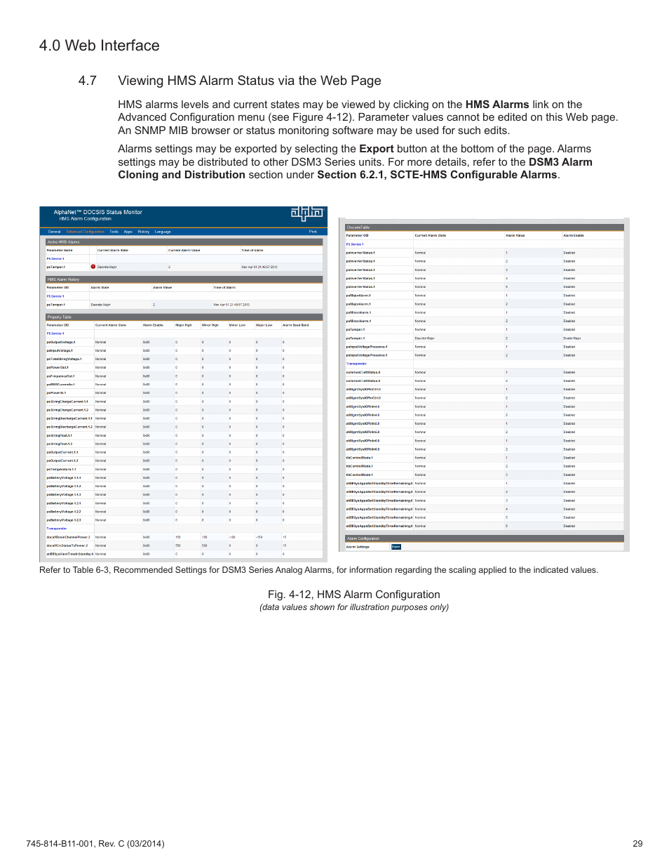 Fig. 4-12, hms alarm configuration, 0 web interface | Alpha Technologies DSM3 for XM3 - Technical Manual User Manual | Page 29 / 106