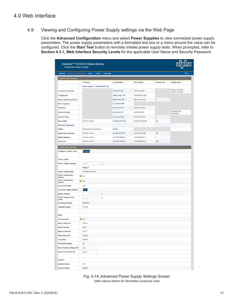 Fig. 4-14, advanced power supply settings screen, 0 web interface | Alpha Technologies DSM3 for XM3 - Technical Manual User Manual | Page 31 / 106