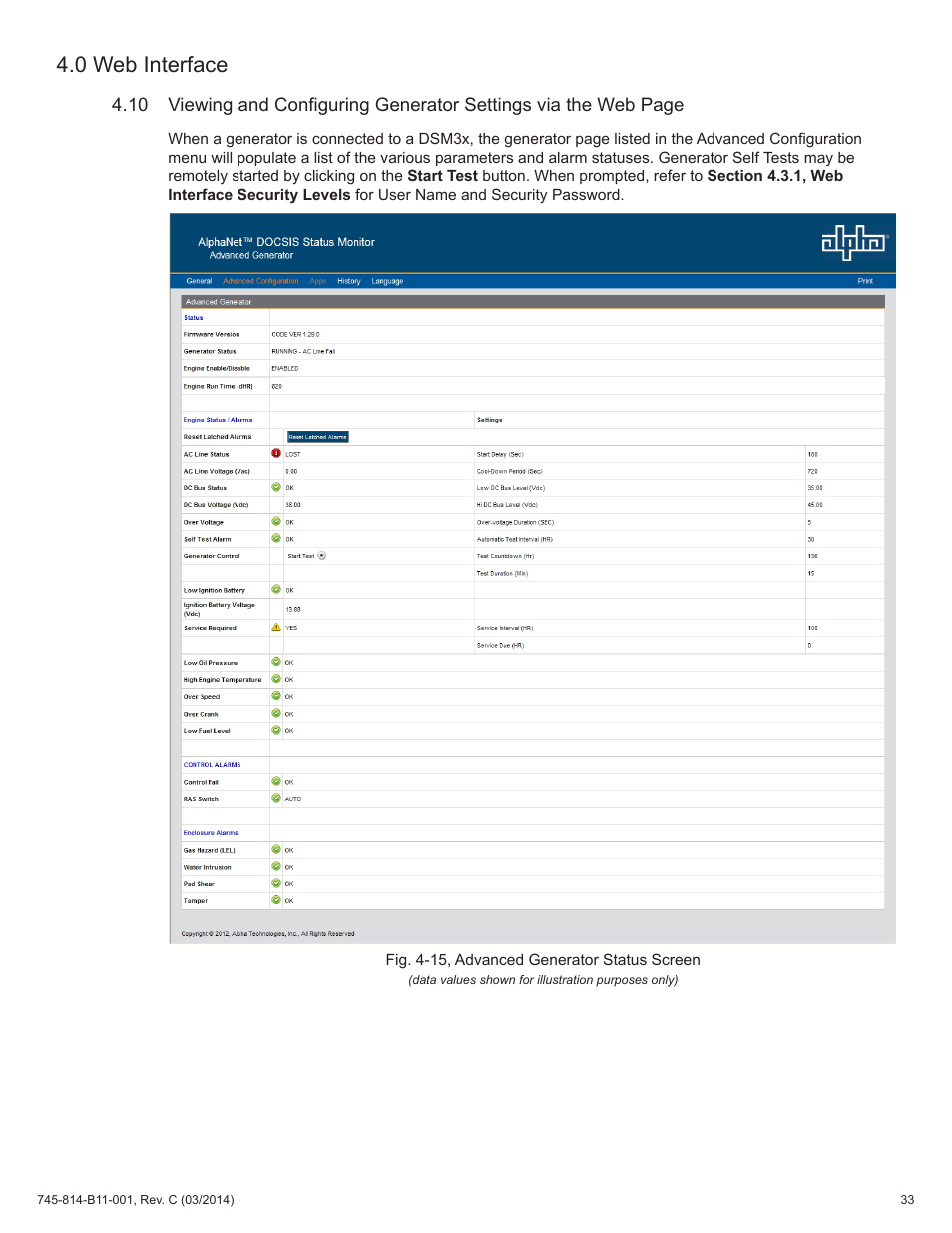 Fig. 4-15, advanced generator status screen, 0 web interface | Alpha Technologies DSM3 for XM3 - Technical Manual User Manual | Page 33 / 106