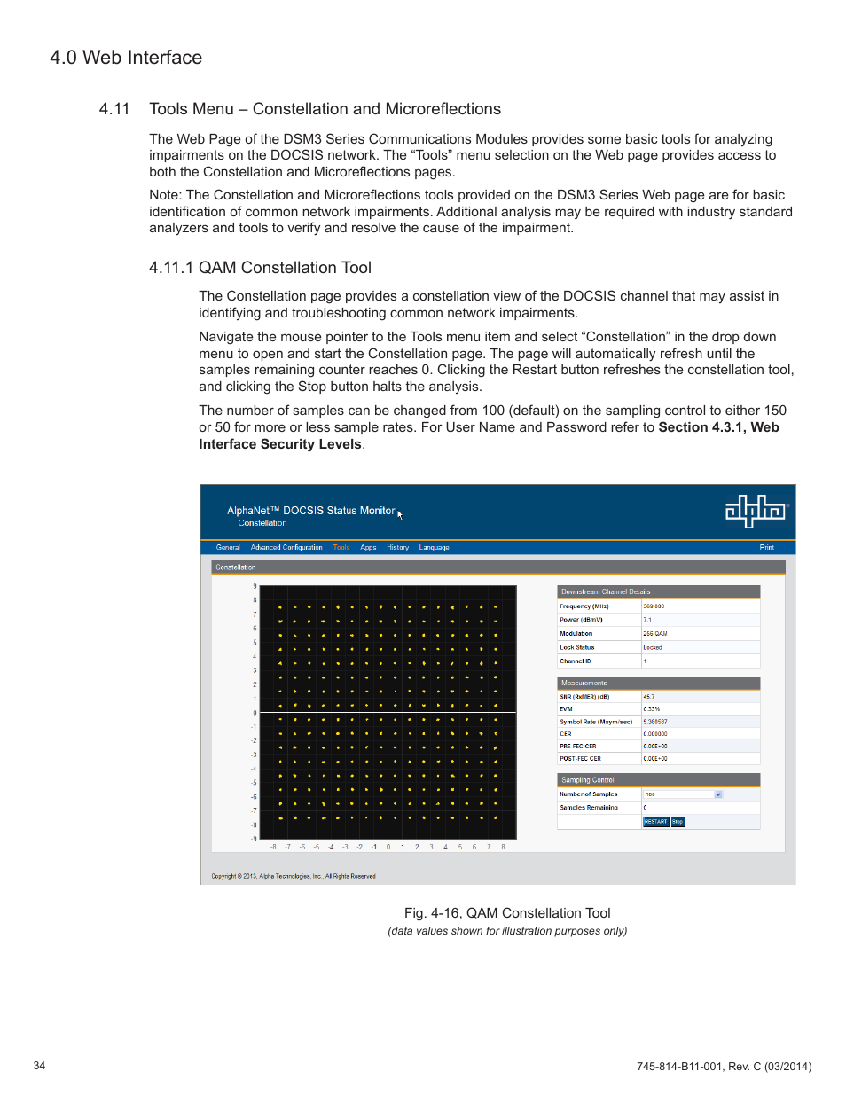 11 tools menu – constellation and microreflections, 1 qam constellation tool, Fig. 4-16, qam constellation tool | 0 web interface | Alpha Technologies DSM3 for XM3 - Technical Manual User Manual | Page 34 / 106