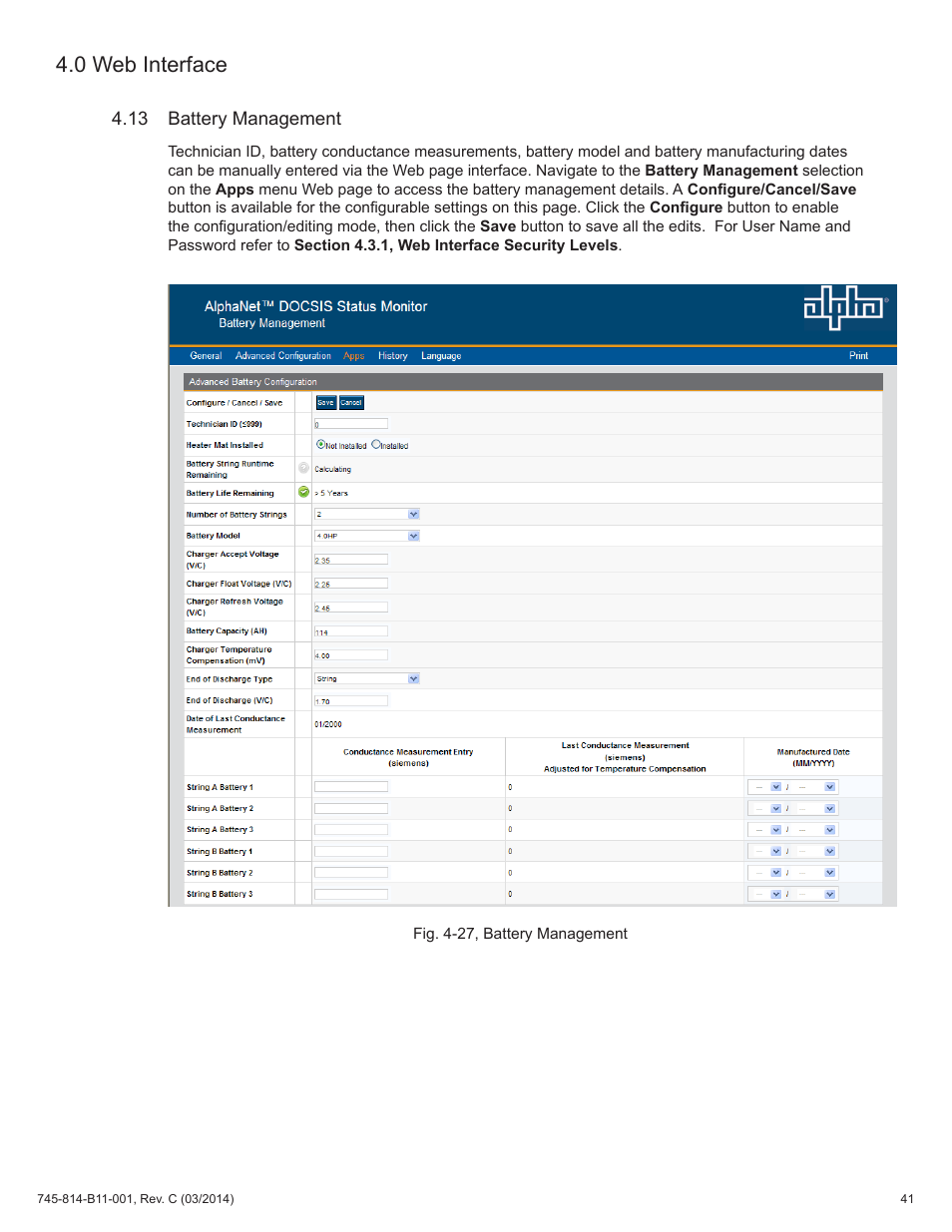 13 battery management, Fig. 4-27, battery management, 0 web interface | Alpha Technologies DSM3 for XM3 - Technical Manual User Manual | Page 41 / 106
