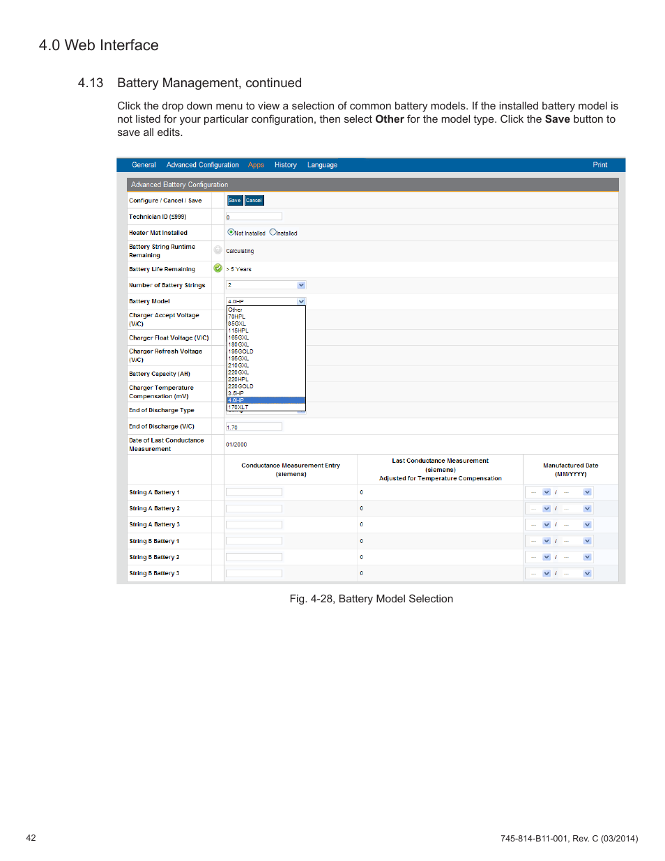 Fig. 4-28, battery model selection, 0 web interface | Alpha Technologies DSM3 for XM3 - Technical Manual User Manual | Page 42 / 106