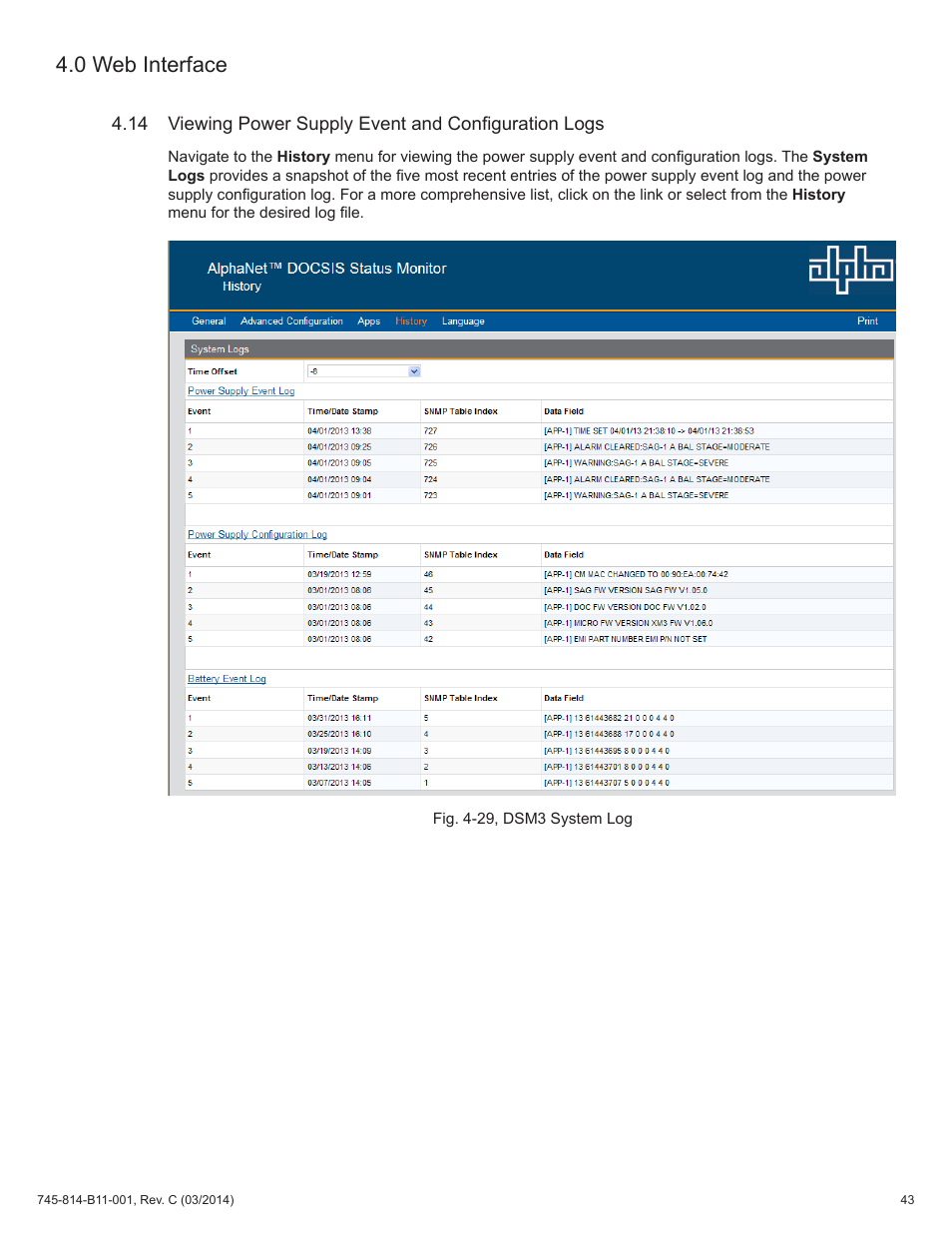 Fig. 4-29, dsm3 system log, 0 web interface | Alpha Technologies DSM3 for XM3 - Technical Manual User Manual | Page 43 / 106