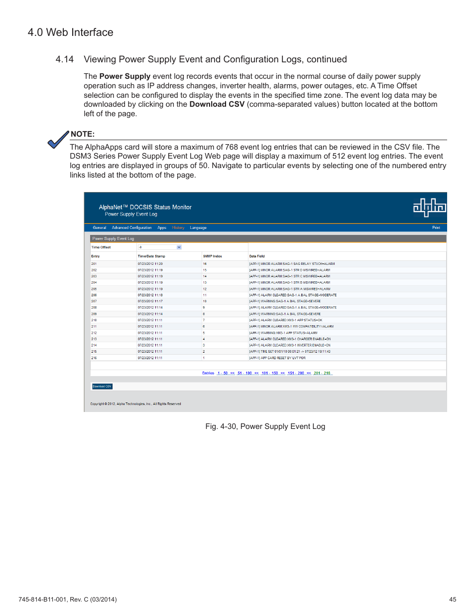 Fig. 4-30, power supply event log, 0 web interface | Alpha Technologies DSM3 for XM3 - Technical Manual User Manual | Page 45 / 106