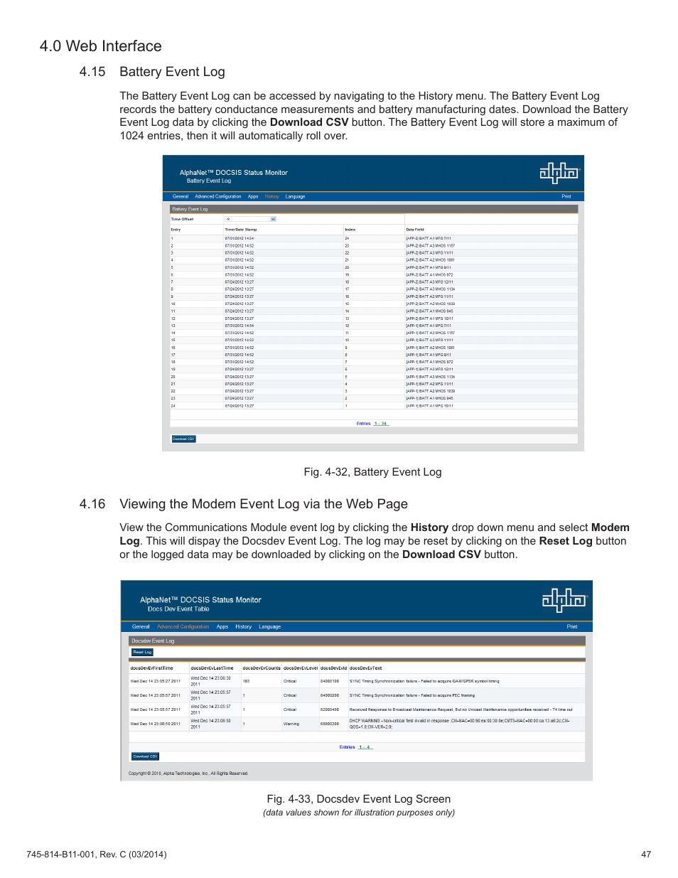 15 battery event log, Fig. 4-33, docsdev event log screen, Fig. 4-32, battery event log | 0 web interface | Alpha Technologies DSM3 for XM3 - Technical Manual User Manual | Page 47 / 106