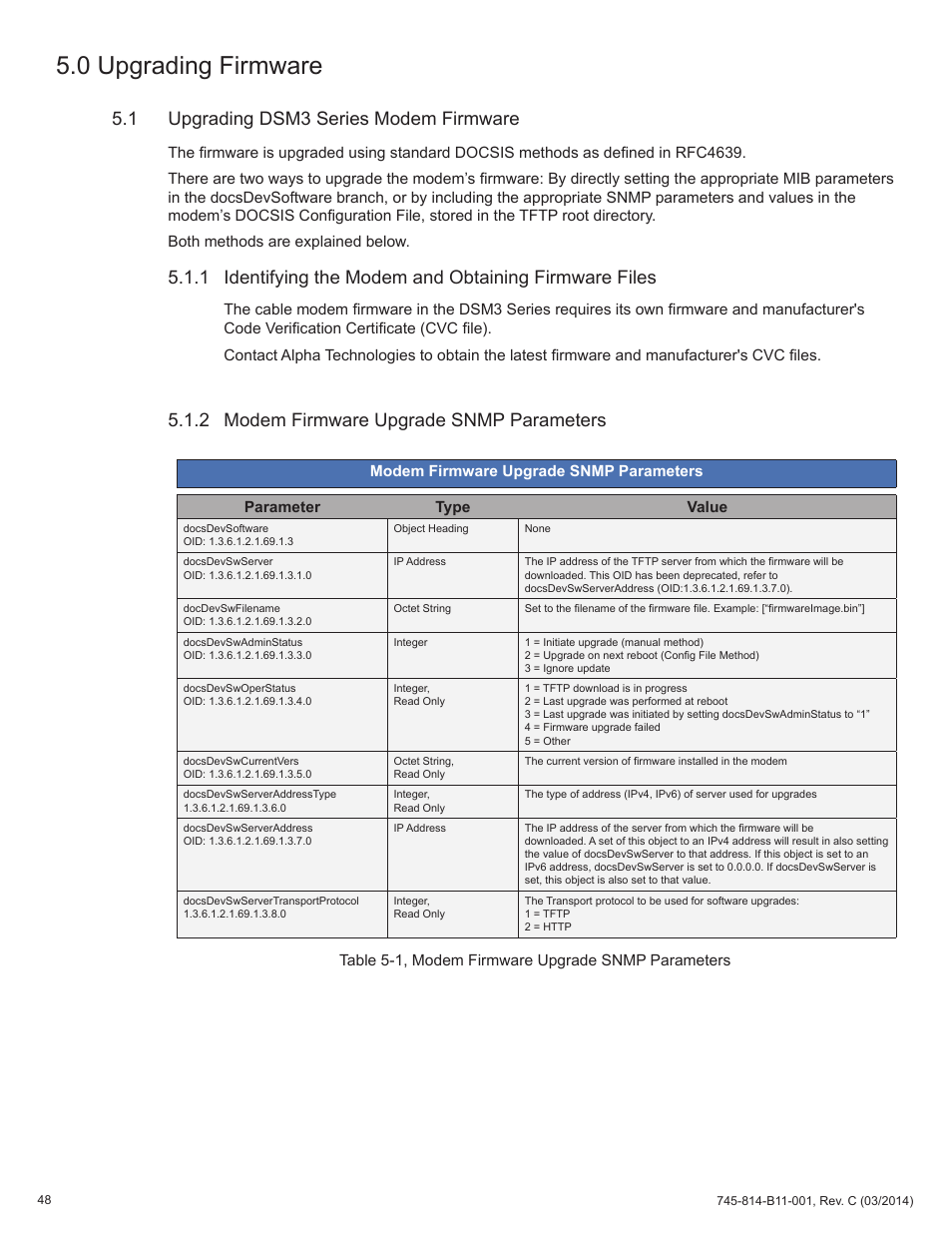 Table 5-1, modem firmware upgrade snmp parameters, 0 upgrading firmware, 1 upgrading dsm3 series modem firmware | 2 modem firmware upgrade snmp parameters | Alpha Technologies DSM3 for XM3 - Technical Manual User Manual | Page 48 / 106