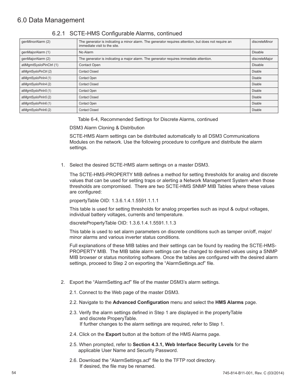 0 data management, 1 scte-hms configurable alarms, continued | Alpha Technologies DSM3 for XM3 - Technical Manual User Manual | Page 54 / 106