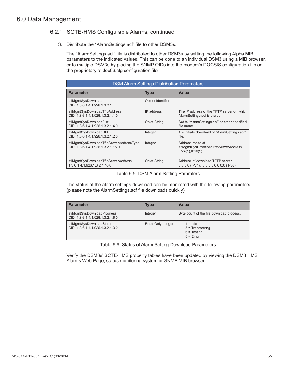 Table 6-5, dsm alarm setting paramters, 0 data management, 1 scte-hms configurable alarms, continued | Alpha Technologies DSM3 for XM3 - Technical Manual User Manual | Page 55 / 106