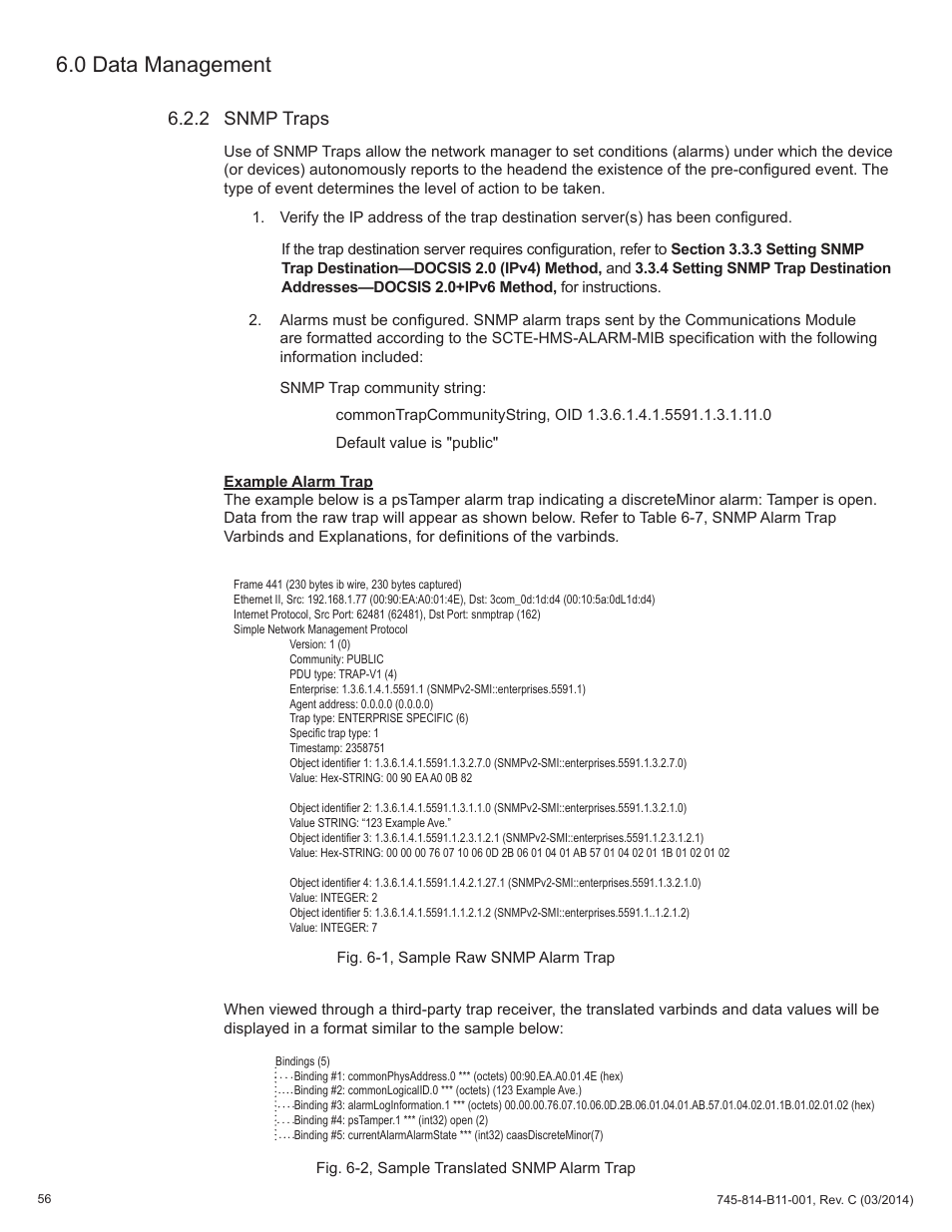 2 snmp traps, Fig. 6-1, sample raw snmp alarm trap, Fig. 6-2, sample translated snmp alarm trap | 0 data management | Alpha Technologies DSM3 for XM3 - Technical Manual User Manual | Page 56 / 106