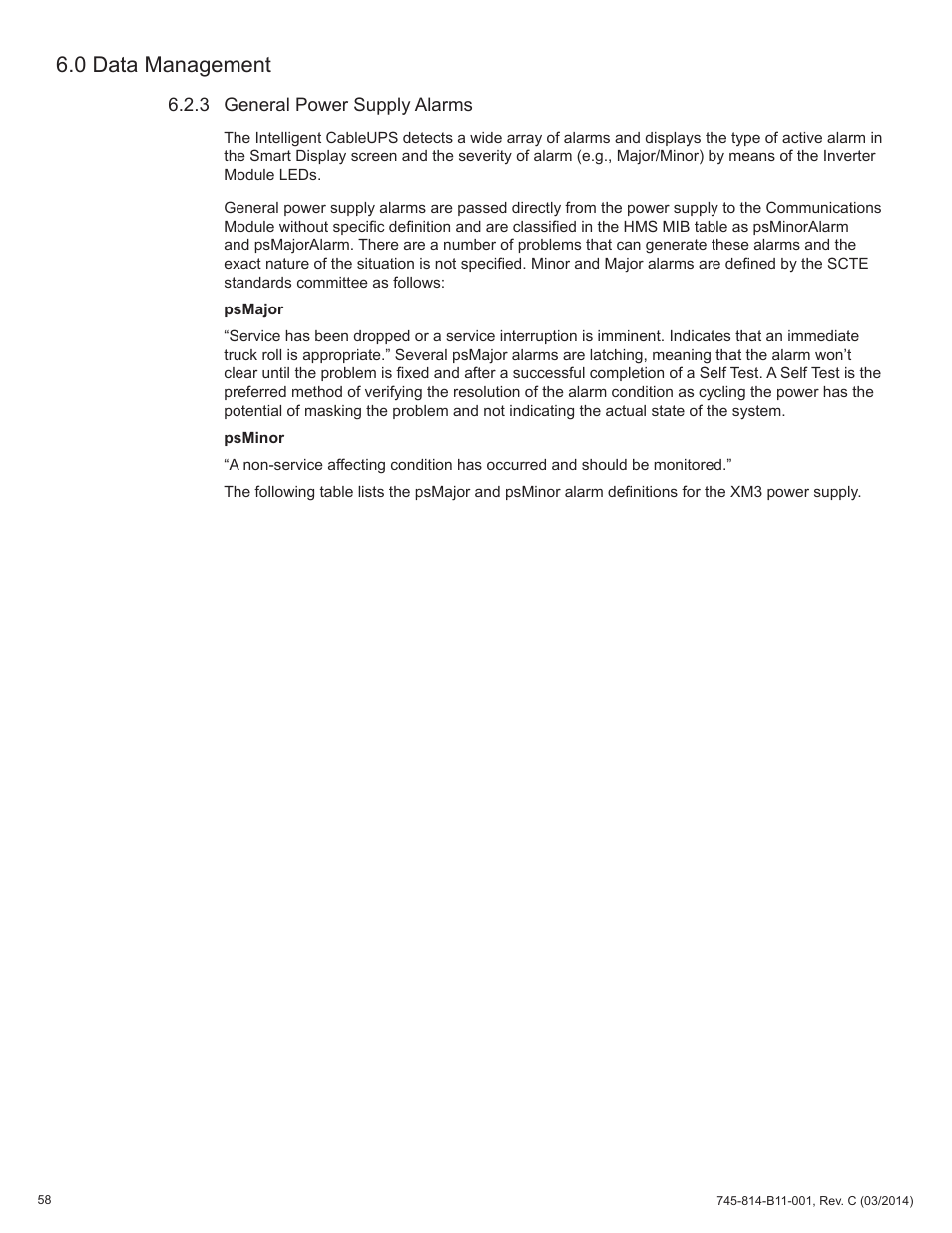 3 general power supply alarms, 0 data management | Alpha Technologies DSM3 for XM3 - Technical Manual User Manual | Page 58 / 106