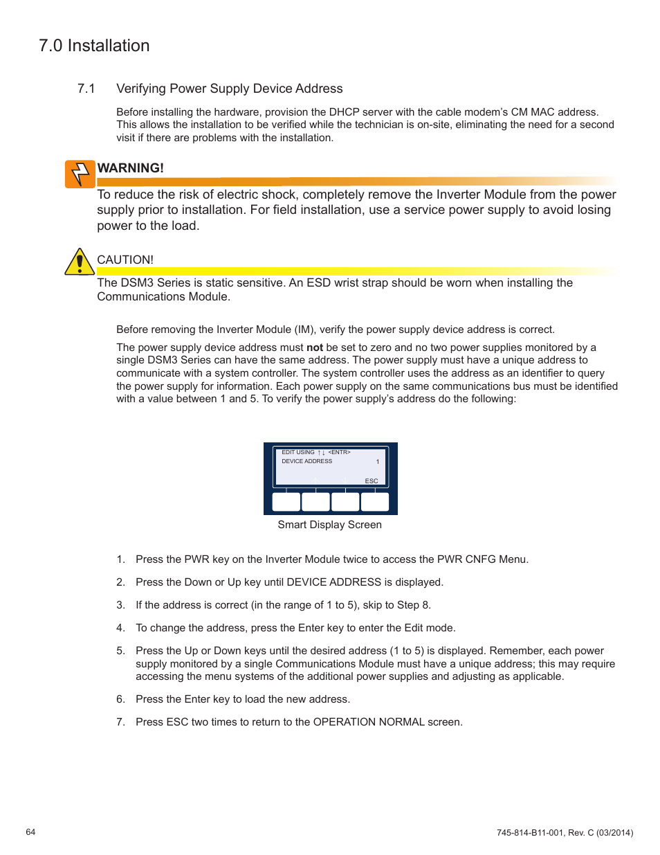 0 installation, 1 verifying power supply device address | Alpha Technologies DSM3 for XM3 - Technical Manual User Manual | Page 64 / 106