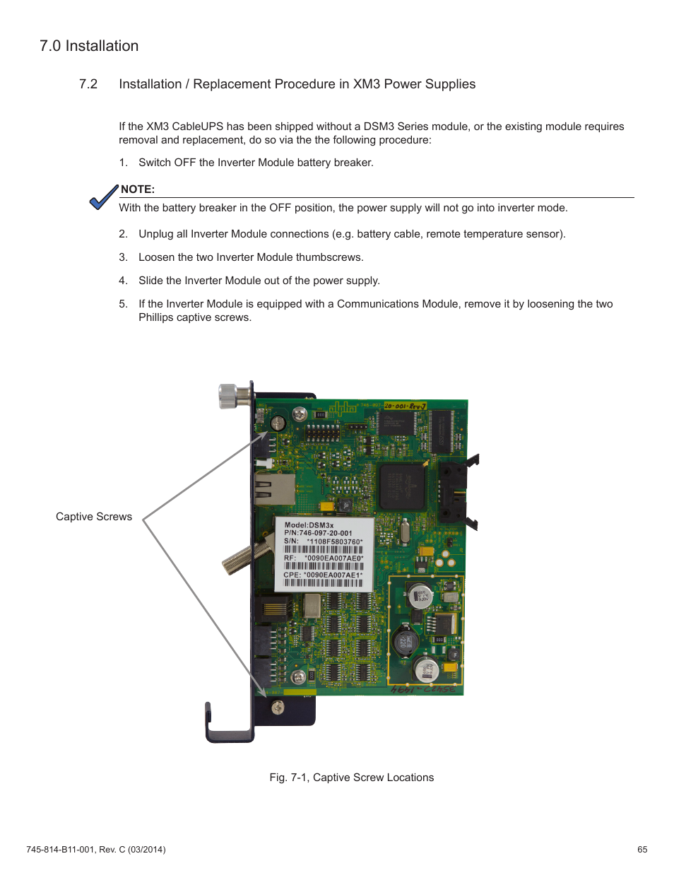Fig. 7-1, captive screw locations, 0 installation | Alpha Technologies DSM3 for XM3 - Technical Manual User Manual | Page 65 / 106